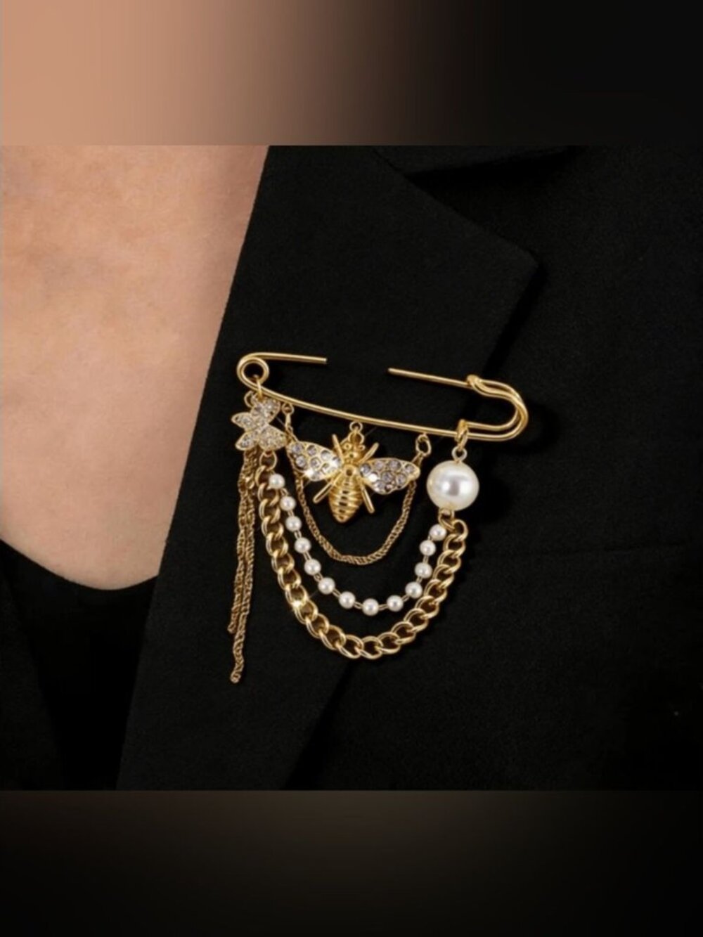 GoldBee Pearl Drop Safety Pin Brooch M755